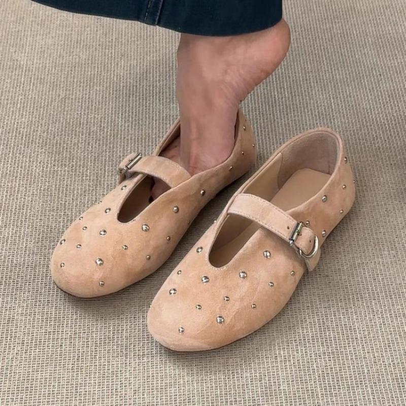 SummerMary Jane Shoes for Women Fashion Rivet Suede Classic Retro Brown Casual Soft Bottom Comfortable Ladies Flats