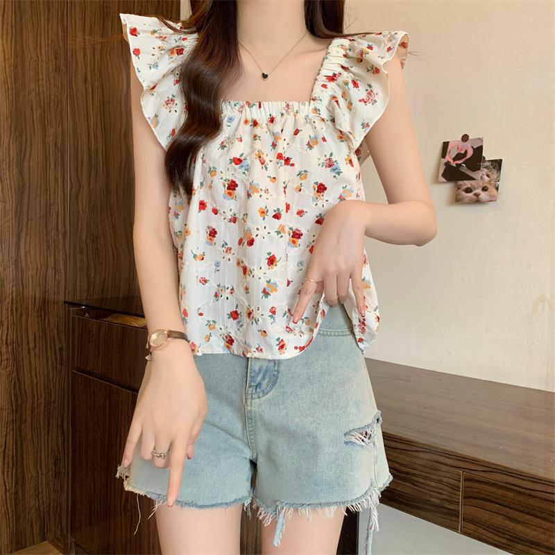 Summer New Loose Print Floral Casual Blouses Women Slim Fit Square Collar Flying Sleeve Women's Shirts Tops Elegant Vintage Female Clothing 26129