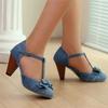 Fashion 2025 Spring Summer Girls High Heel Shoes Denim Women's Pumps T-Buckle Fashion Spike Heels High Heels for Office Party Banquet