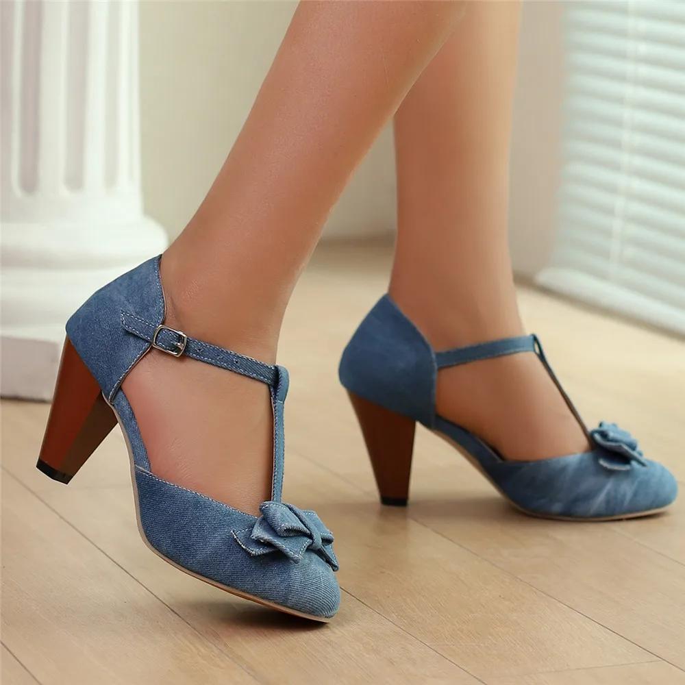 Fashion 2025 Spring Summer Girls High Heel Shoes Denim Women's Pumps T-Buckle Fashion Spike Heels High Heels for Office Party Banquet