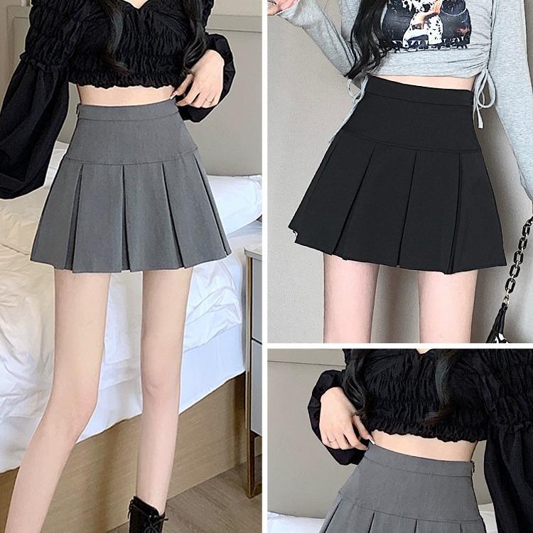 Women's Summer 2023 Gray High-Waist Pleated A-Line Skirt - College Style