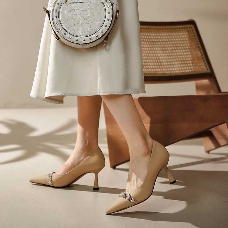 Cow Leather Pointed Toe High Heels Rhinestone Women Pumps