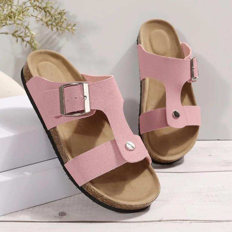 2024 New Fashion Versatile Solid Color Buckle Women's Slippers Open Toe Beach Comfortable Flat Heel Shallow Mouth Women's Shoes