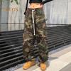 Women Cargo Pants Elastic Waist Adjustable Drawstring Loose Fit Casual Trousers with Big Pockets Leisure Pants
