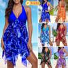 Sexy Print Bikini Asymmetric Hem Swimdress Tankini Set Padded Beachwear Swimsuit S-5XL