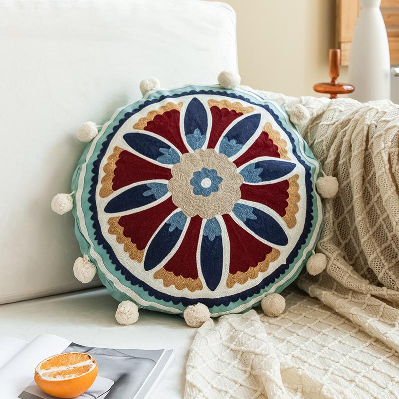 Moroccan Ethnic Style Hand-embroidered Round Pillowcase Living Room Sofa Cushion Ball Indian Decorative Pillow