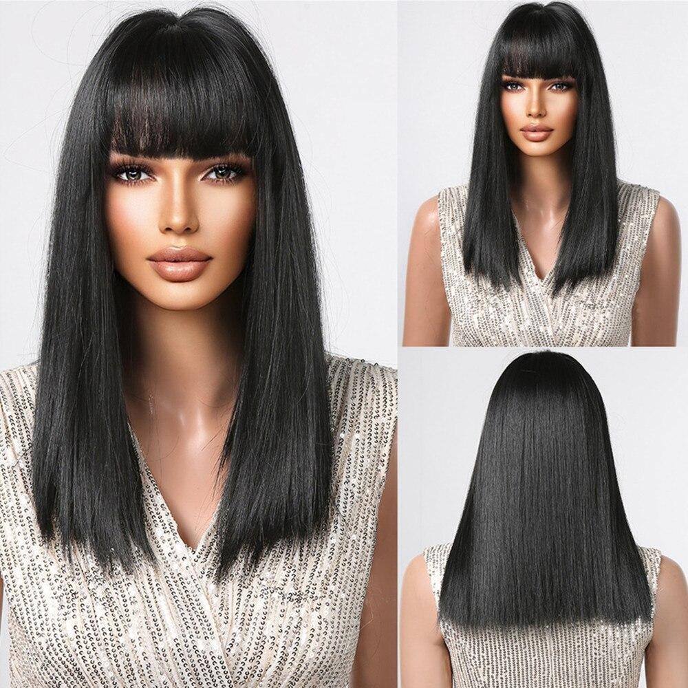 Long Brown Straight Layered Wig with Bangs Natural Looking Soft Synthetic Wigs Daily Party Use Fake Hair High Temperature Fiber