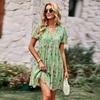 Women Chic Floral Print Loose Dress V Neck Short Sleeve Spring Autumn Fashion S-XL