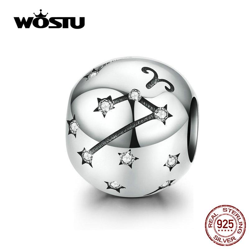 WOSTU 12 Constellation Aries Beads 925 Sterling Silver CZ Charm Fit Original DIY Bracelet Beads