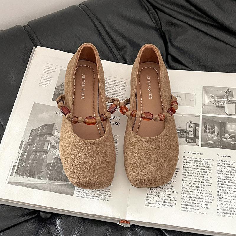 Beaded Flat Bottom Shallow Mouth Single Shoes Women's 2025 New Autumn Gentle Matching Skirt National Style Mary Jane Shoes Doudou Shoes