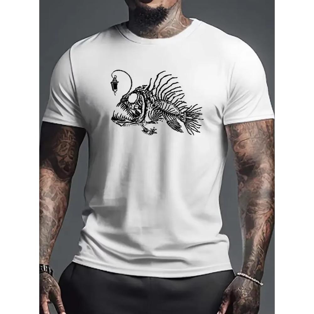 Men's Bold Fish Bone Graphic T-Shirt - Crew Neck, Comfort Fit, Perfect for Summer Activities & Workouts