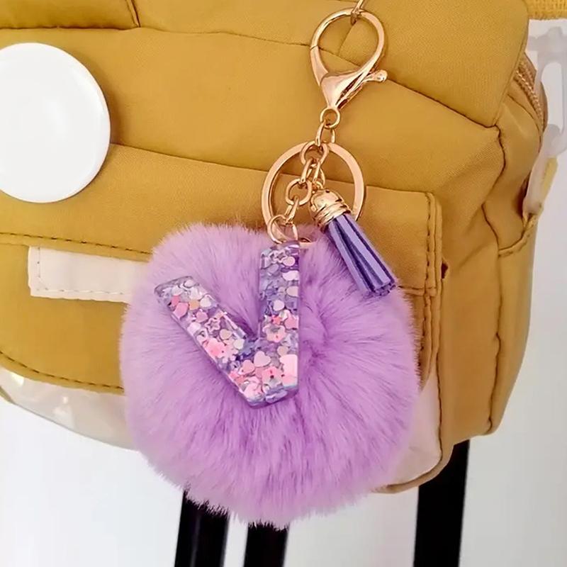 Adorable A-Z Letters Initial Keychain Sparkling Resin Alphabet Fluffy Hairball Pendant Backpack Decoration Accessories Gifts