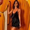 Women Prom Dress Shiny Tassel Fringe Spaghetti Strap Backless Sleeveless Slim Fit Sheath Low Cut V Neck Latin Dance Dress Club Wedding Mini Dress