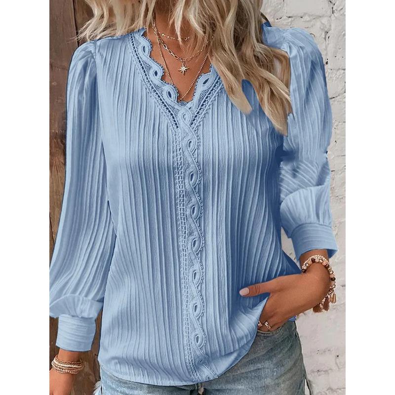 Long Sleeve V-Neck Fine Elegant Woman Shirts Lace Spliced Hollow Office Lady Blouses Youthful Fashion Loose Streetwear Tops