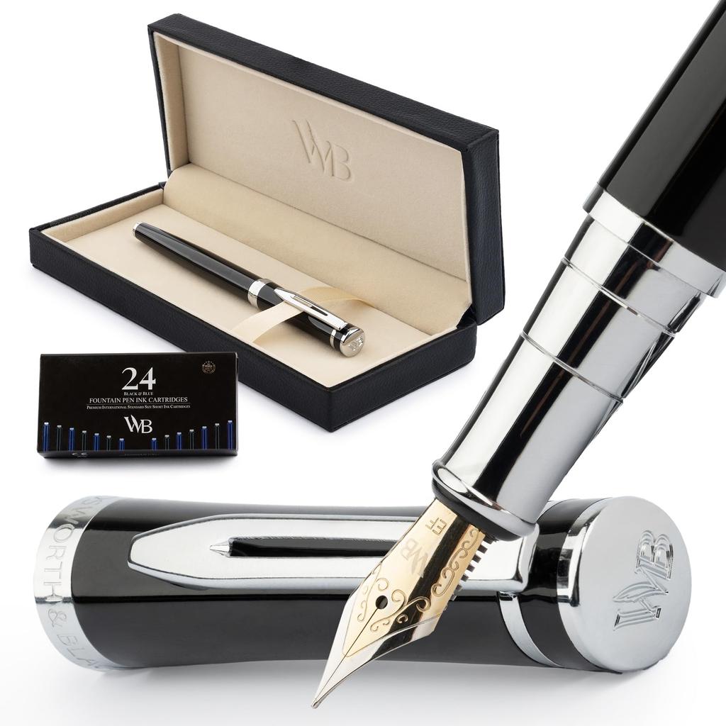 Wordsworth Black Fountain Pen 18K Extra Fine 24 Pack Ink Ink Refill Converter Gift Chrome Perfect for Men and Women & Set, Nib, Cartridges, & Box,
