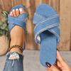 Fashion Denim Plus Size Slippers Fall New Round Toe Open Toe Crossover with Soft Sole Non-Slip Flat Flip Flops