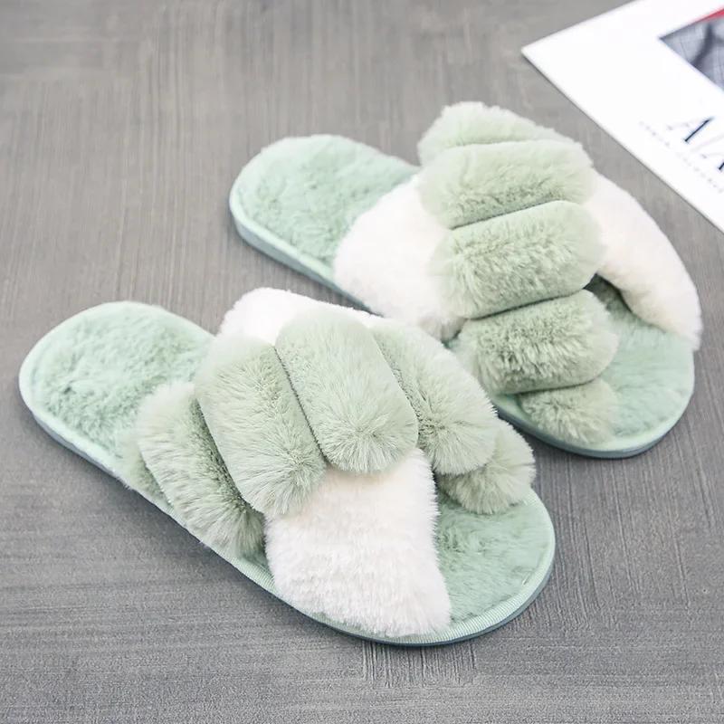 2024 Women Winter House Furry Slippers Fluffy Faux Fur Cross Design Home Slides Ladies Soft Warm Plush Slipper Female Flip Flops