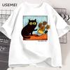Van Gogh Cat Graphic T Shirts Men Women Flower Black Cat T-shirt Round Neck Cotton Short Sleeve Trendy Tee Shirt Streetwear
