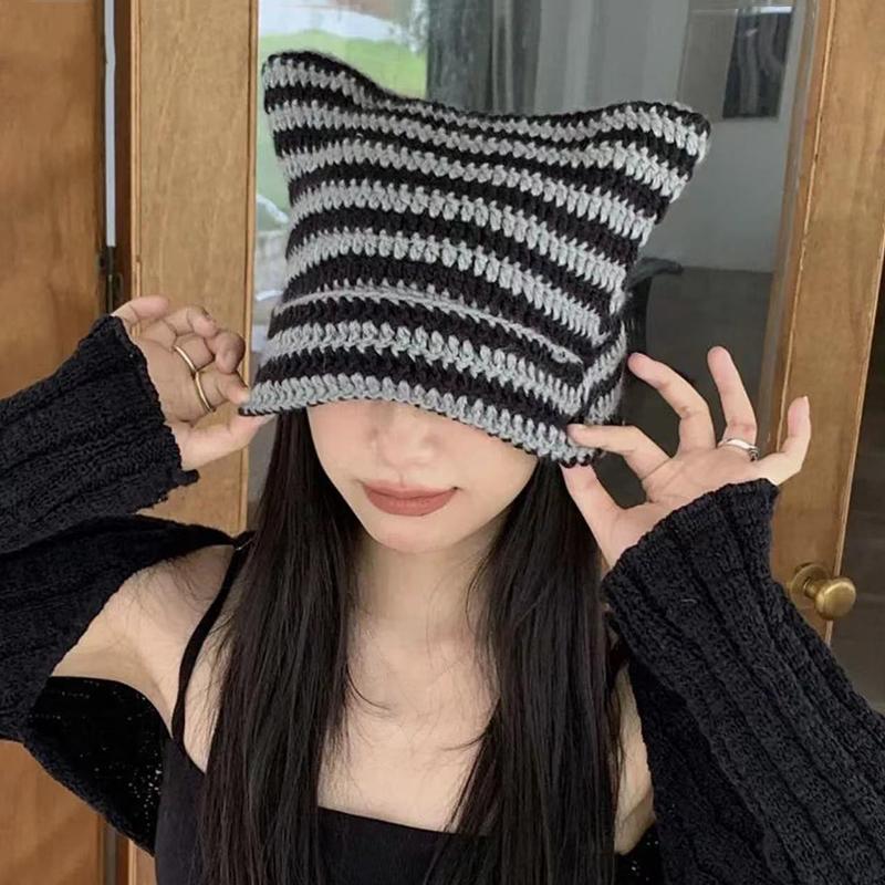 Cute Devil Horn Knitting Striped Beanie Hat Autumn Winter Knitted Wool Caps Girl Cat Ear Pointed Pullover Women Bonnet Hats