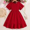 Girls' Dress Children's Clothing Summer Mid To Large Children's Stylish Short Sleeved Temperament Waist Cinching Red Princess Dress