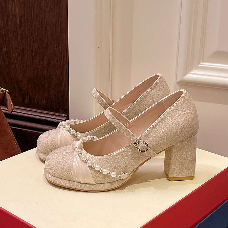 Mary Jane High Heels Women's Skirt Beautiful Thick Heel Single Shoes He Xiu Main Wedding Dress Bridesmaids Bride Engagement Shoes Women