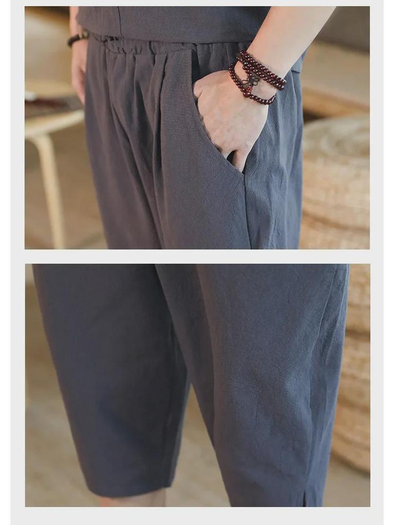 Men's Chinese-Style Cotton Linen Two-Piece Suit - Casual Loose-Fit Harem Pants with Short-Sleeved Top
