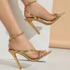 Cross Strips Gold Sandals Women High Heels Pumps Stiletto Pointed Toe Pu Leather Slingback Designer Dress Party Prom Shoes