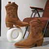 New Fashion Solid Color Comfortable Women's Western Boots Embroidered Thick Heel Slip-On Cowgirl Boots  Zapatos De Mujer