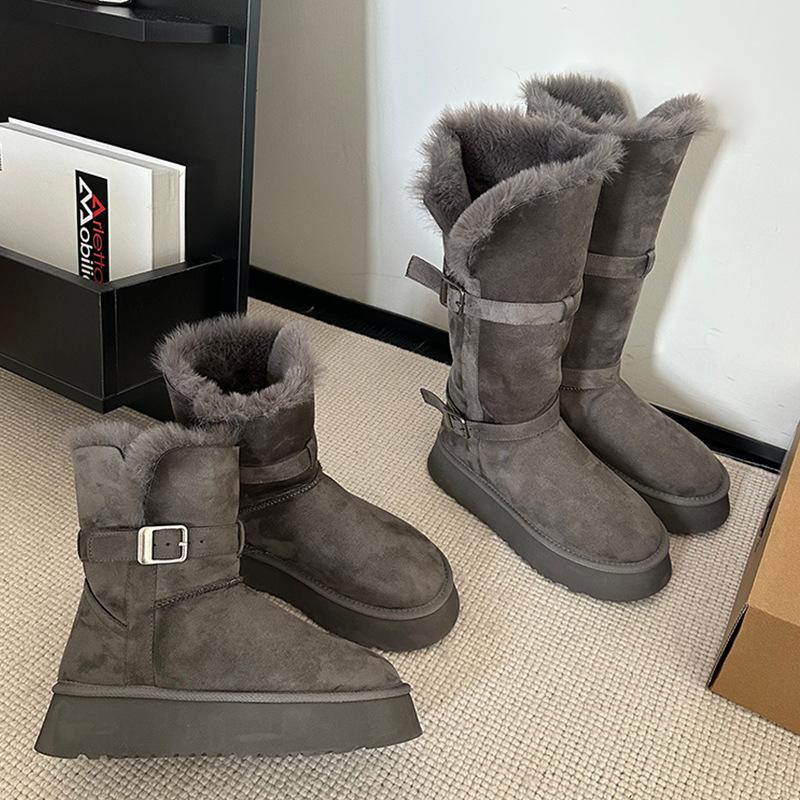 Gray Snow Boots Women's 2025 Winter New Thick-soled Heightening Piled Thickened Long-tube Snow Cotton Shoes