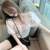 New Style Short-sleeved Spliced Puff Sleeves Ice Silk Women's Slim Square Collar Knit Top