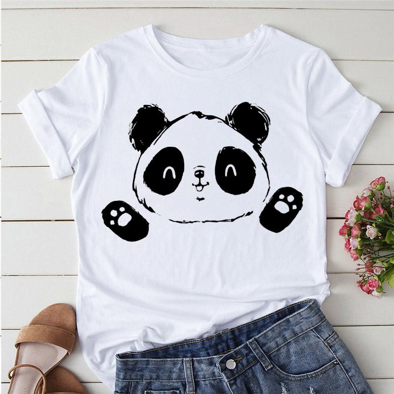 Aesthetics Cute Panda Print Women Basic Tees Cartoon Top O-Neck Simple Tee Short Sleeve T-Shirt Ladies Tees Graphic White Tshirt