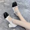 New French High Heels Women's Patchwork Fashion Mary Jane Shoes Vintage Square Toe Jk Pu Leather Ladies Shoes