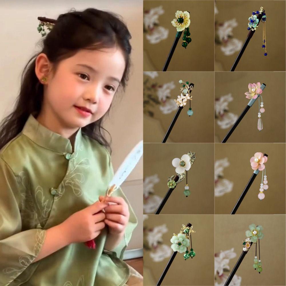 Handmade Flower Hair Sticks Chinese Style Party Hair Bun Decorative Wooden Hairpin for Women Girls
