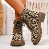 Women's Leopard Print Boots, Side Zip Comfortable Thick Bottom Flat Boots, Winter Round Toe Short Boots