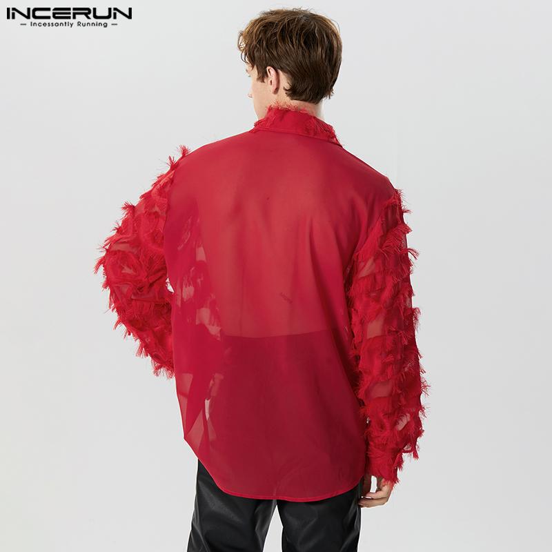 INCERUN Men Long Sleeve Button Up See Through Tassels Shirts Party Tops