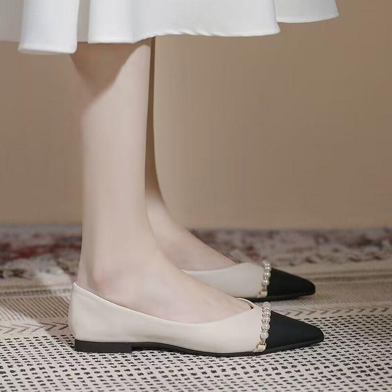 Fashion Splicing Color Pearl Pointed Toe Woman Flats Promotion Spring and Autumn Chic Point Comfortable Elegant Slip-on Shoes for Women