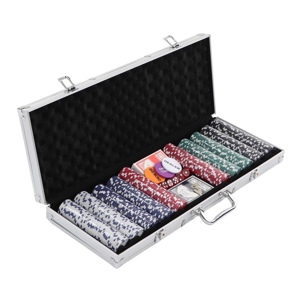 500Pcs Poker Chips 2 Set Play Cards 5 Dices Set with Carrying Case for Home Travel Camping Picnic