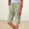 Women Summer Shorts Elastic Waistband Adjustable Drawstring Casual Pants with Pockets Solid Color Buttons Decor Knee-length Pants