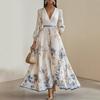 Women's Floral Print V-Neck Long Sleeve Maxi Dress with Belt, Elegant Ruffled Hem A-Line Dress
