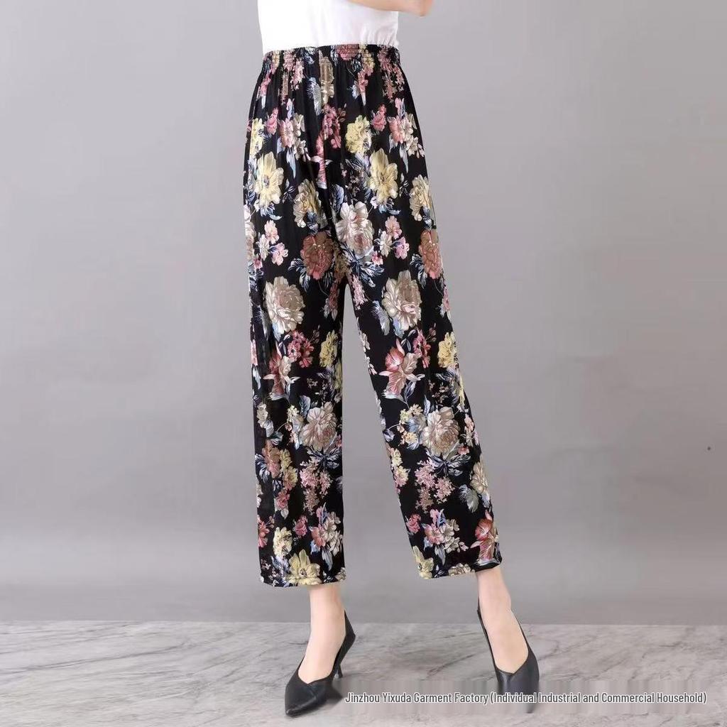 Casual Summer Women's Plus Size Ice Silk Stretch Pants - Loose, High Elastic Waist for Middle-Aged and Elderly