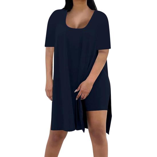Women Plus Size 2 Piece Outfits Side Split Short Sleeve Tunic Tops And Skinny Biker Shorts Sets Summer Lounge Tracksuit