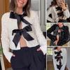 Women Sequin Jacket Big Bow Decor Loose Round Neck Long Sleeves Solid Color Cardigan Coat Short Type Outerwear for Dating Commuting Club Party