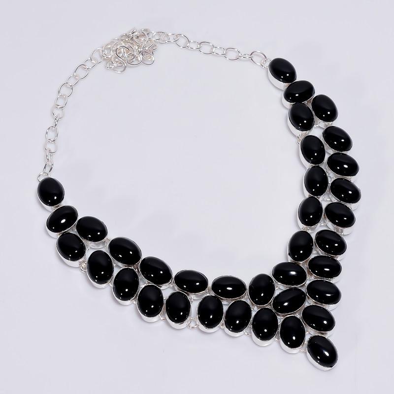 Beautiful Top Grade Qualite 100% Natural Black Onyx Oval Shape Ethnic Handmade Jewelry 925 Steling Silver Necklace 18" WSJ-4752