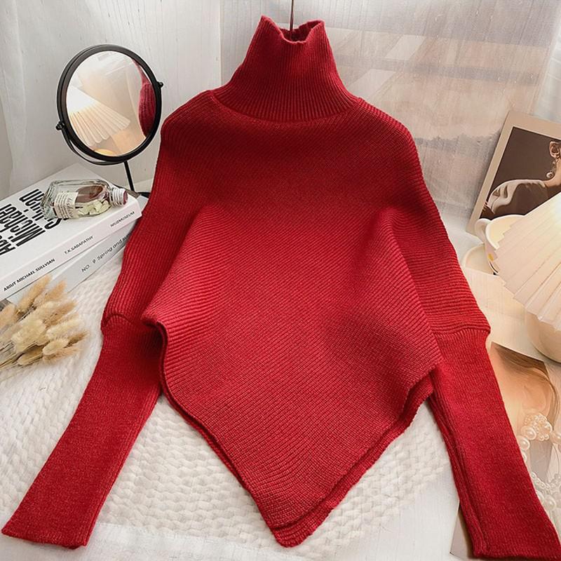 2024 Autumn Winter Women Fashion Irregular Loose Knit Sweater Vintage High Neck Long Sleeve Female Pullovers Chic Tops