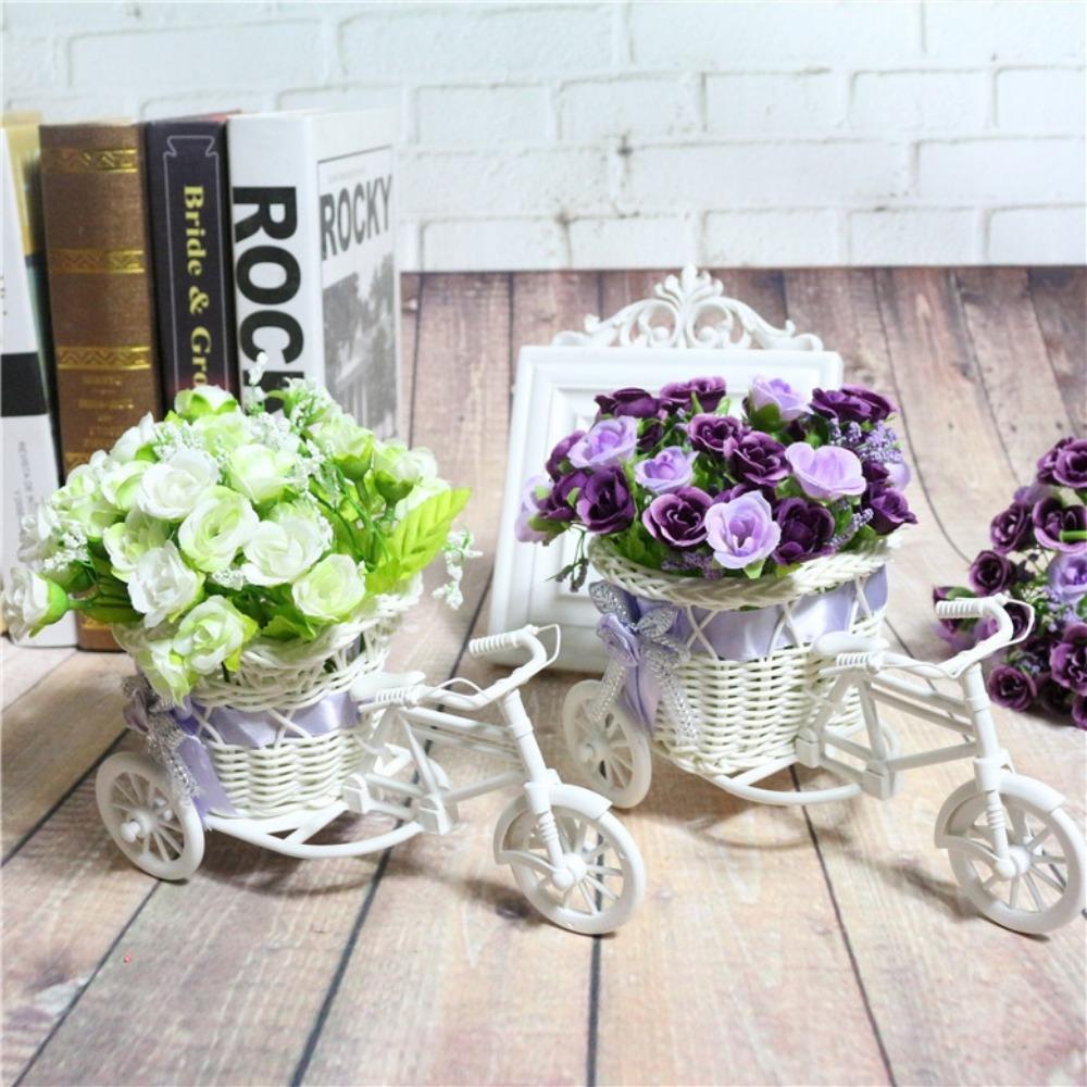 Bicycle Decorative Flower Basket Plastic White Tricycle Bike Design Flower Basket Storage Party Decoration Pots