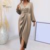 Women Dress Irregular Slit Hem High Waist Pleated Long Puff Sleeves Solid Color V Neck Formal Party Banquet Maxi Dress