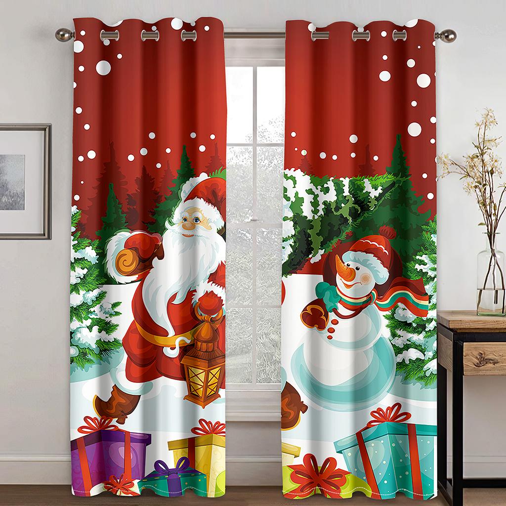 3D Christmas Curtains Christmas Christmas Tree Snowman Red Curtains Balcony Living Room Window Decorative Curtains 2 Panels