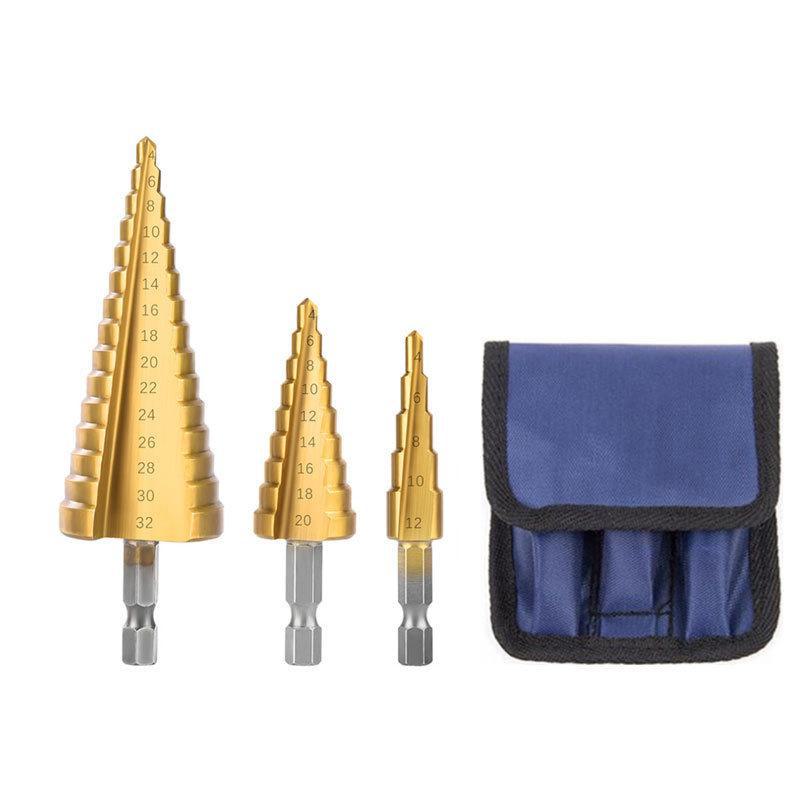 High-speed Steel Titanium-plated Step Drill Set for Hole Enlargement, with Hexagonal Shank and Pagoda Design.