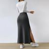 Women Skirt High Waist Knitted Elastic Thick Warm Ankle Length Striped Slim Fit Split Hem Soft Sheath Maxi Skirt