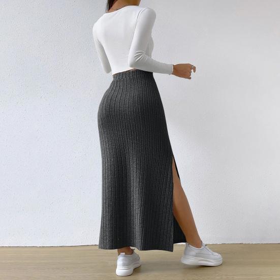 Women Skirt High Waist Knitted Elastic Thick Warm Ankle Length Striped Slim Fit Split Hem Soft Sheath Maxi Skirt